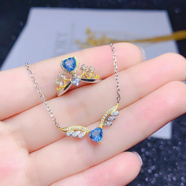 New Angel Wing Necklace Heart-shaped Blue Topaz Color Ring Pendant Copper Set