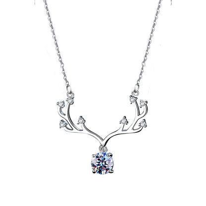 Romantic Sweet Deer Sterling Silver Gra Polishing Inlay Moissanite Pendant Necklace