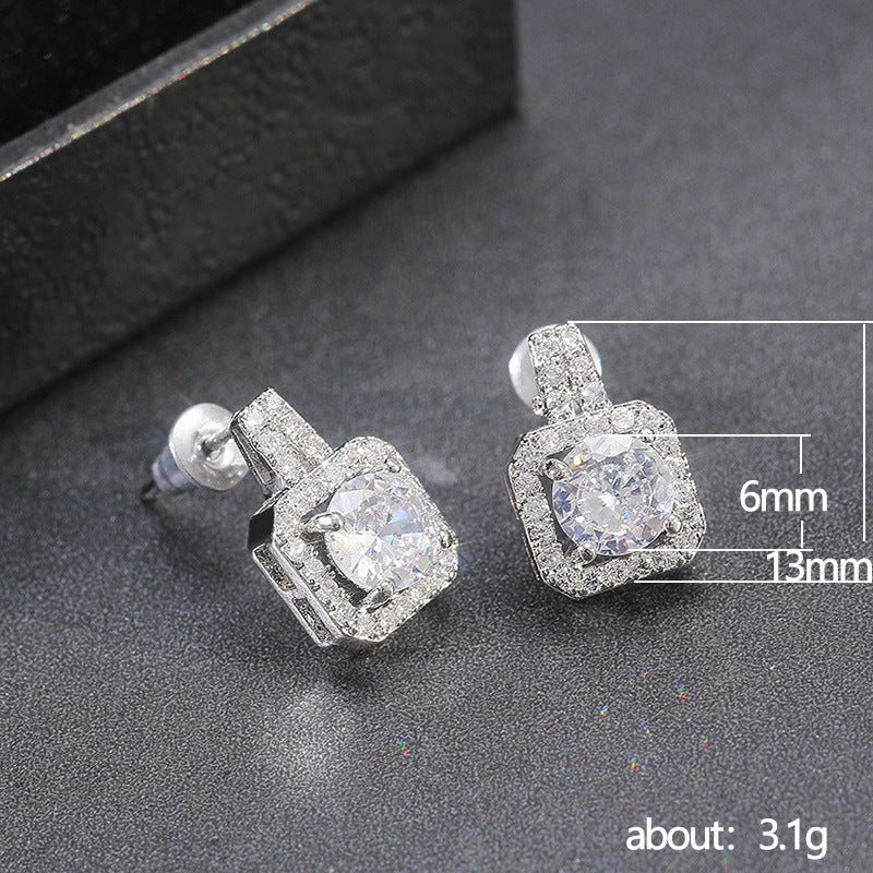 Simple Square Full Of Zircon Platinum Plated Copper Stud Earrings Jewelry