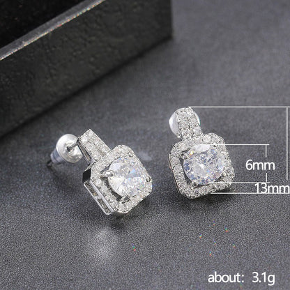 Simple Square Full Of Zircon Platinum Plated Copper Stud Earrings Jewelry