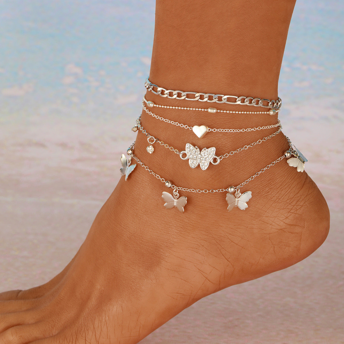 European and American fashion creative vacation casual style personality simple butterfly beads peach heart anklet 5-piece set