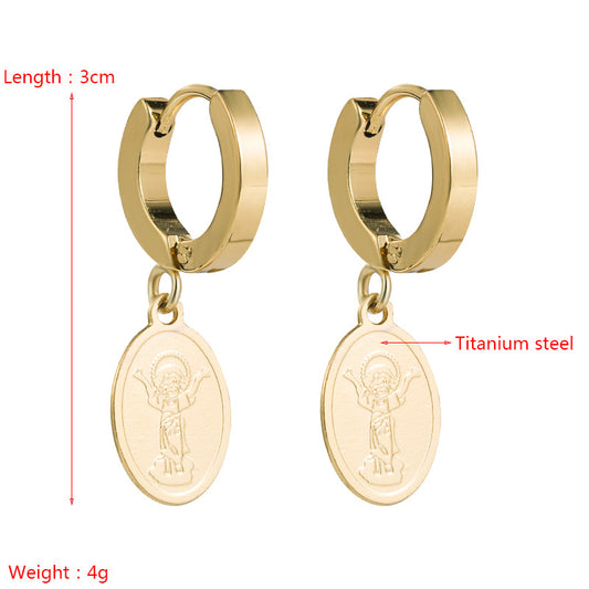 Korean Simple Heart-shaped Virgin Mary Letter Titanium Steel Earrings