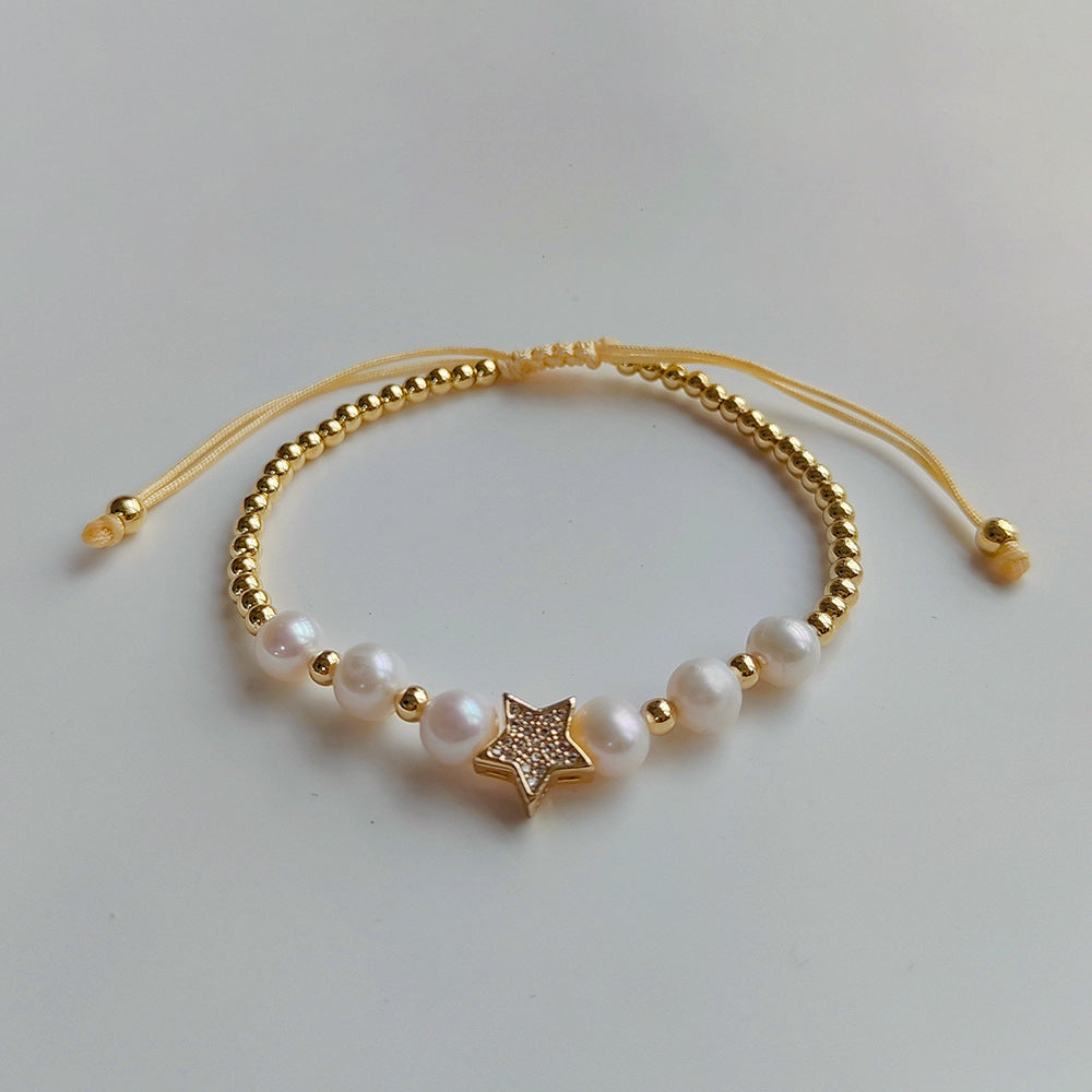 Casual Simple Style Star Daisy Freshwater Pearl Soft Clay Copper Beaded Knitting Inlay Zircon Bracelets