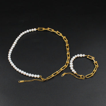 Retro Geometric Stainless Steel Pearl Bracelets Necklace 1 Piece