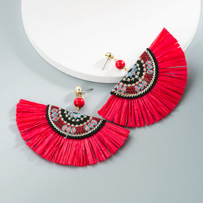 Wholesale Jewelry Bohemian Fabric Inlaid Pearl Fan-shaped Tassel Earrings Nihaojewelry