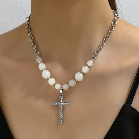 Lady Cross Metal Plating Inlay Artificial Gemstones Unisex Pendant Necklace