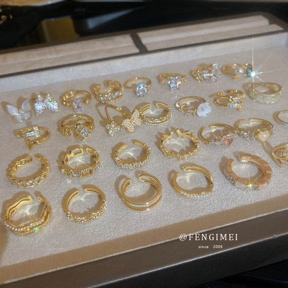 Korean temperament diamond zircon geometric opening ring light luxury niche fashion index finger ring Internet celebrity versatile jewelry women