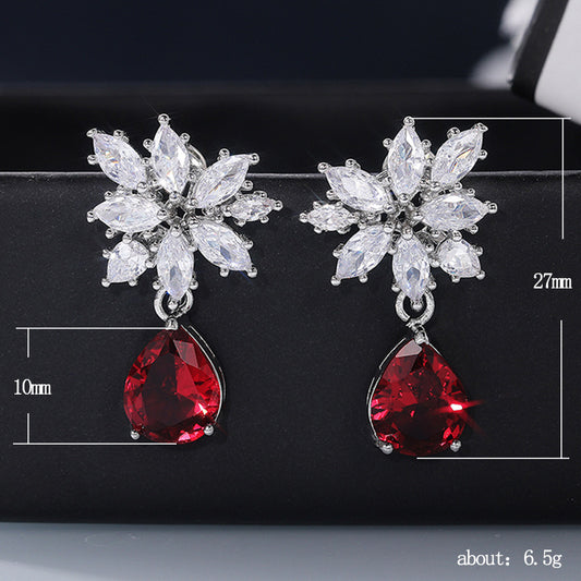 Fashion New Inlaid Water Drop Pear-shaped Red Zircon Copper Earrings Wholesale