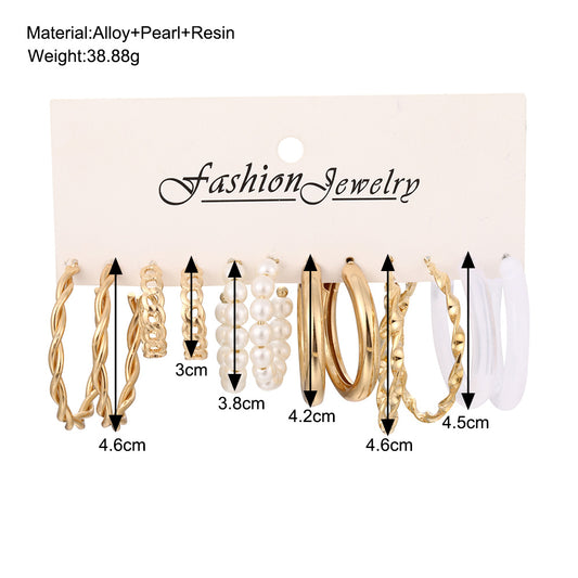 Cross-border new hot sale fashion retro temperament C-type gold circle resin pearl earrings 6-piece set