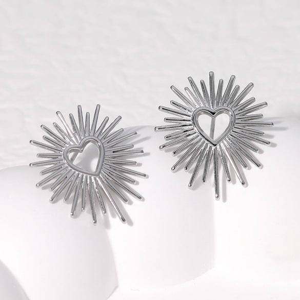 Minimalist Checkered Heart Pleated Geometric Flower Stainless Steel Electroplating Stud Earrings