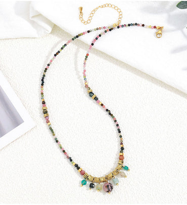 Vacation Colorful Stainless Steel Artificial Crystal Natural Stone Beaded Women's Necklace