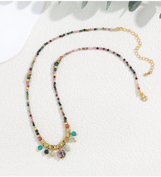 Vacation Colorful Stainless Steel Artificial Crystal Natural Stone Beaded Women's Necklace