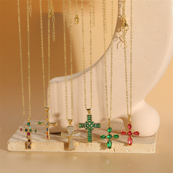 Cross-border hot-selling wild retro color zircon cross pendant necklace women's personalized design O-word chain clavicle chain