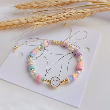 Cartoon Style Smiley Face Freshwater Pearl Soft Clay Knitting Women's Bracelets
