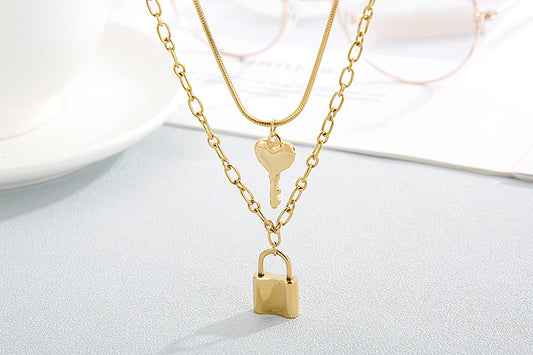 Wholesale New Stainless Steel Heart-shaped Key Lock Pendent Double-layer Necklace