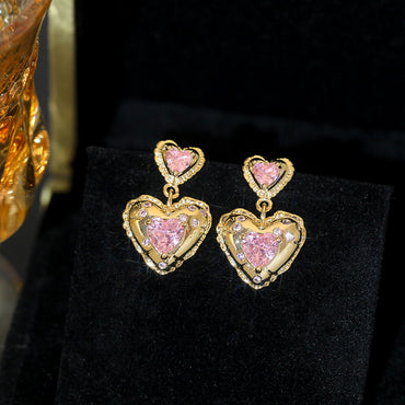 1 Pair Sweet Simple Style Heart Shape Plating Inlay Copper Rhinestones Drop Earrings