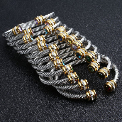 Simple Style Solid Color Stainless Steel Inlay Zircon Cuff Bracelets