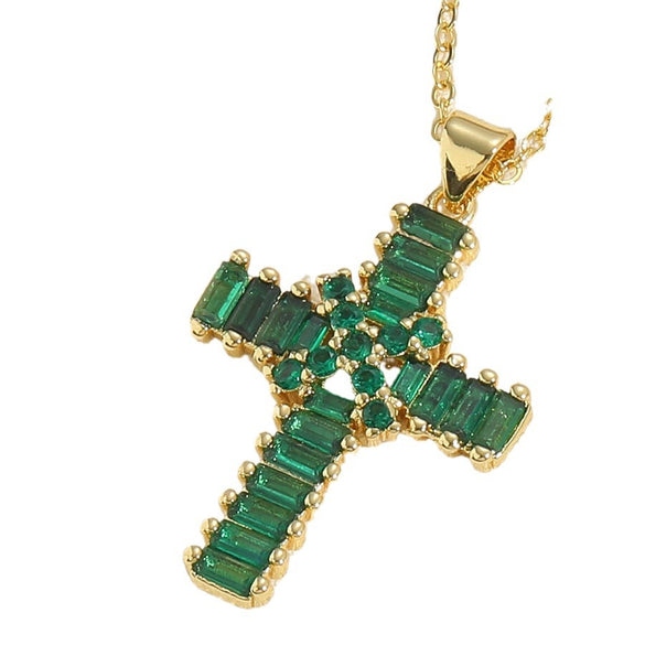 Cross-border hot-selling wild retro color zircon cross pendant necklace women's personalized design O-word chain clavicle chain