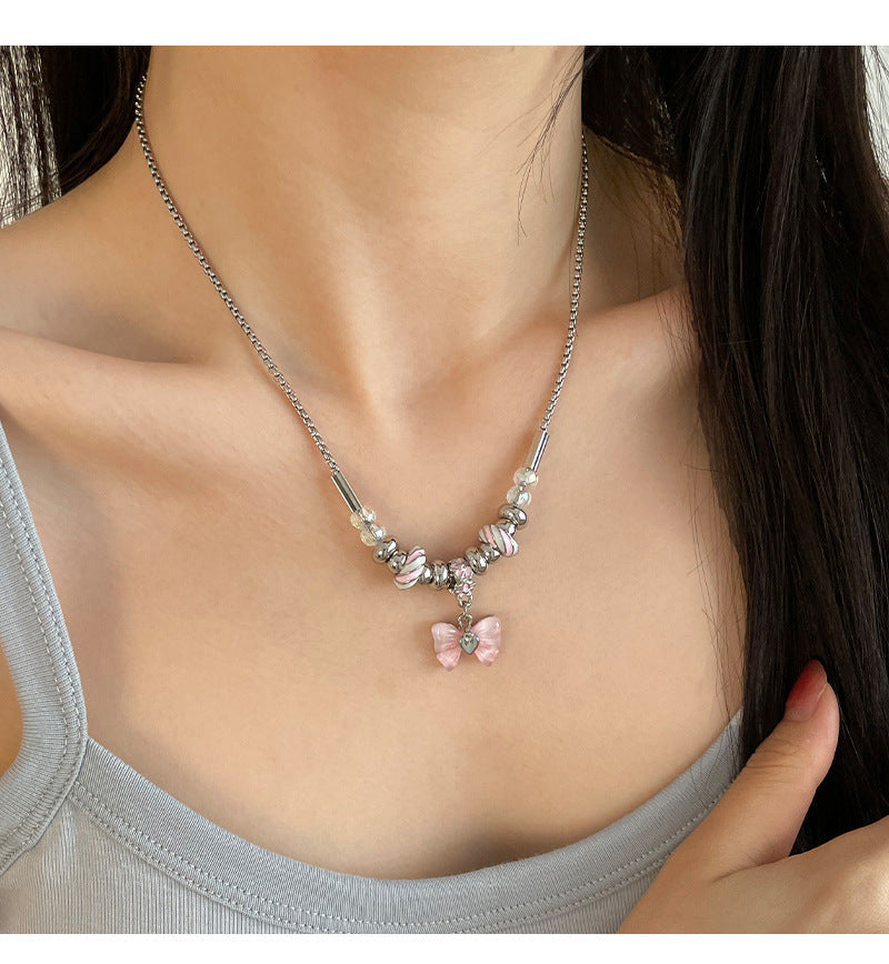 Pink Bow Beaded Thread Necklace For Women 2023 New Summer Sweet Cool Hot Girl Y2g Pendant Clavicle Chain