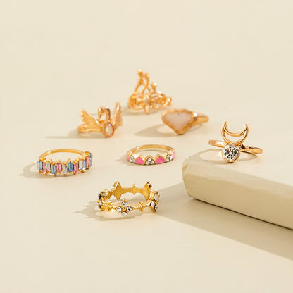 Fashion Personality Moon Diamond Love Drip Oil Ring Seven-piece Set