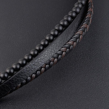 Retro Punk Geometric Pu Leather Natural Stone Beaded Knitting Men's Bracelets