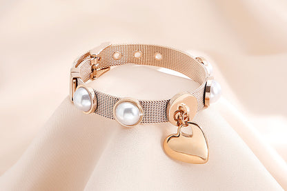 Women's Stainless Steel Shell Pearl Bracelet Fashion Mesh Heart Pendant Bracelet