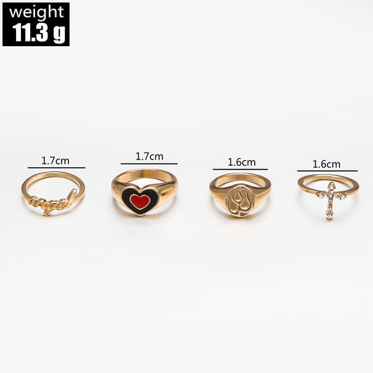 Cross-border New Arrival Ring Set European And American Fashion Diamond Two-color Dripping Oil Love Heart-shaped Ring Combination 4-piece Ring Female