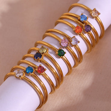 Fashion Round Stainless Steel Plating Inlay Artificial Gemstones Birthstone Rings 1 Piece