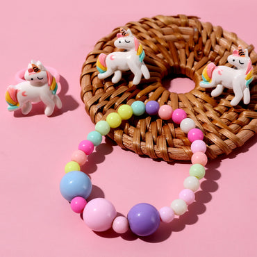 Acrylic Handmade Beaded Unicorn Earrings Ring Bracelet Three-piece Set