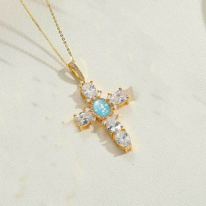 Wish's popular zircon cross French retro ins style pendant clavicle chain copper plated 14K real gold O-word necklace