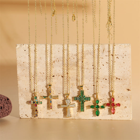 Cross-border hot-selling wild retro color zircon cross pendant necklace women's personalized design O-word chain clavicle chain