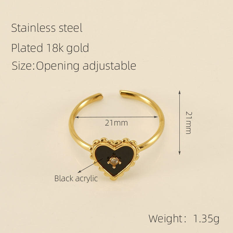 Heart shaped stainless steel open ring women's niche high-grade four-leaf clover titanium steel heart shape pattern live ring jewelry