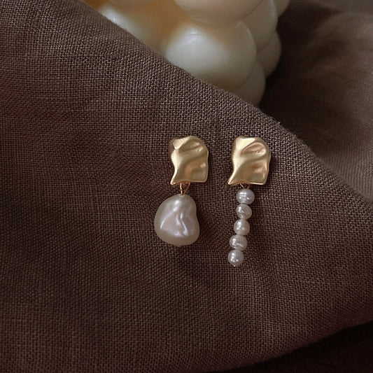 1 Pair Baroque Style Round Freshwater Pearl Copper Asymmetrical Earrings