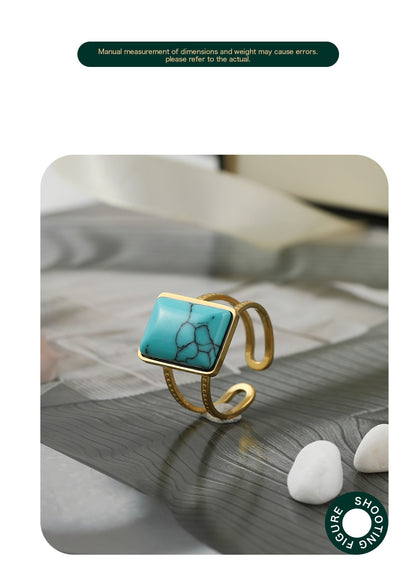 Retro Square Stainless Steel Open Ring Metal Turquoise Stainless Steel Rings