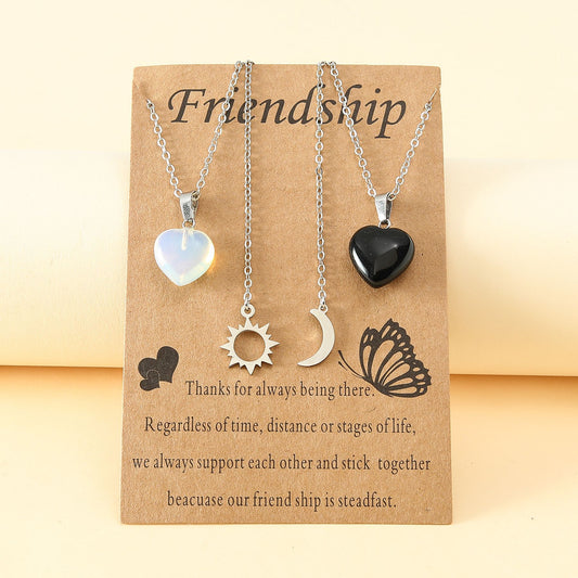 Fashion Stainless Steel Sun And Moon Friendship Card Heart-shaped Natural Stone Clavicle Chain