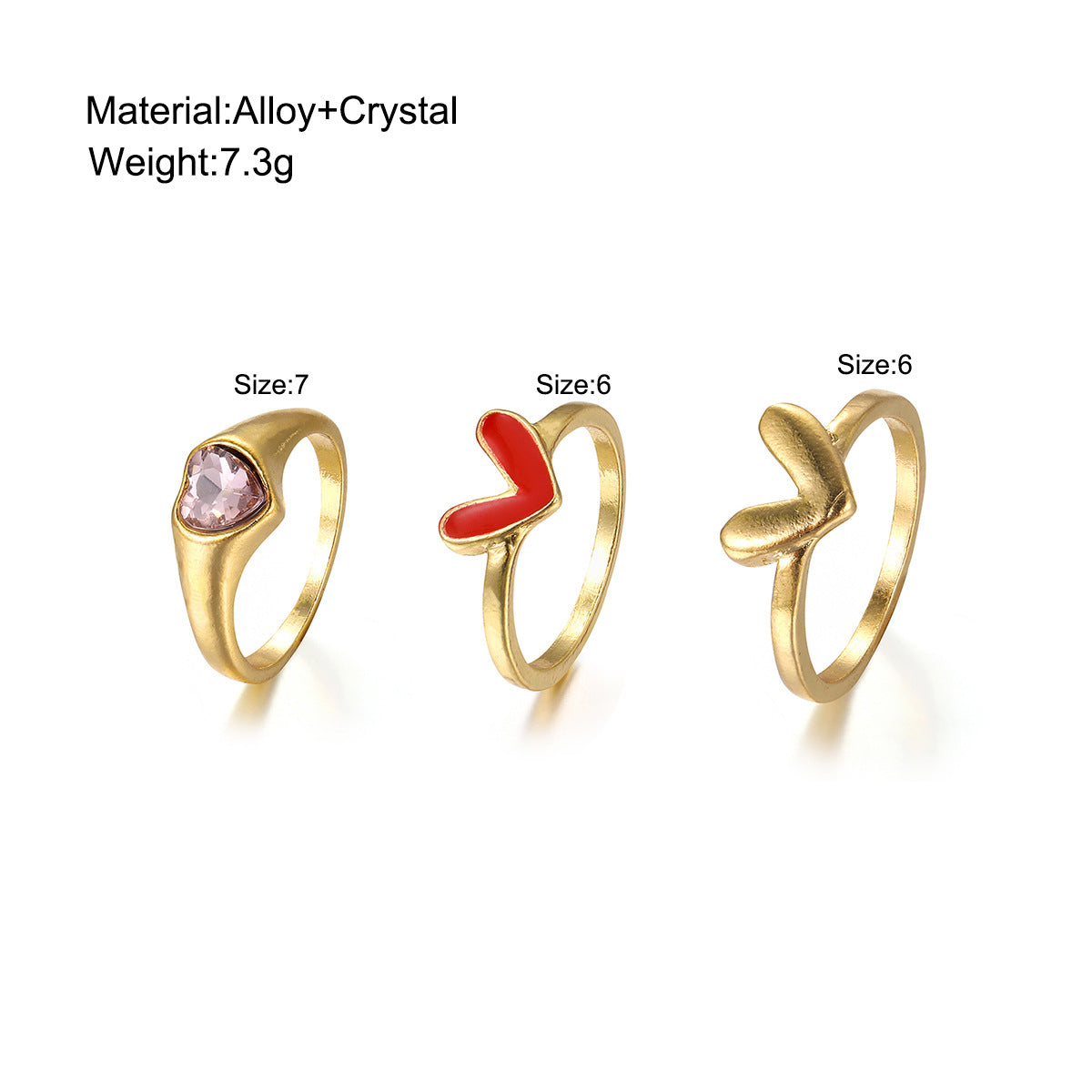 The new fashionable sweet little fresh and cute simple gold diamond heart opening ring 3-piece set