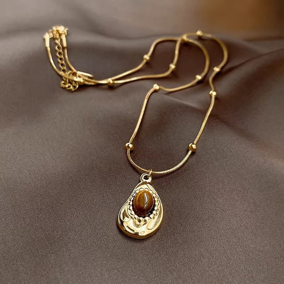 Titanium Steel Vintage Style Water Droplets Plating Inlay Amber Pendant Necklace
