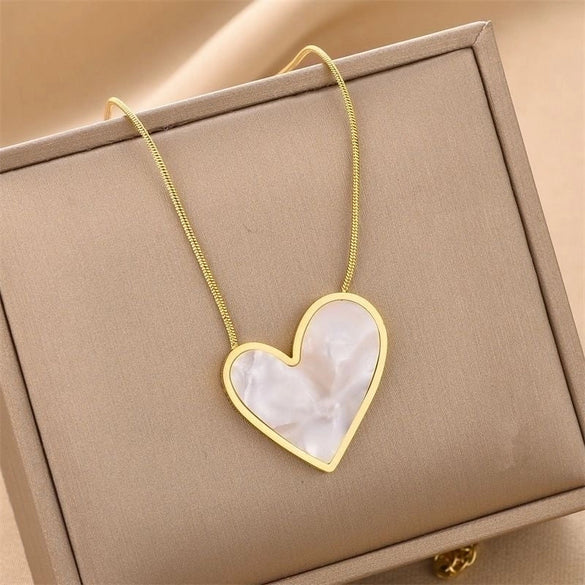 Princess Cute Simple Style Heart Shape Stainless Steel Plating Inlay Shell 18k Gold Plated Earrings Necklace