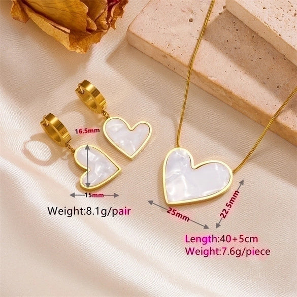 Princess Cute Simple Style Heart Shape Stainless Steel Plating Inlay Shell 18k Gold Plated Earrings Necklace