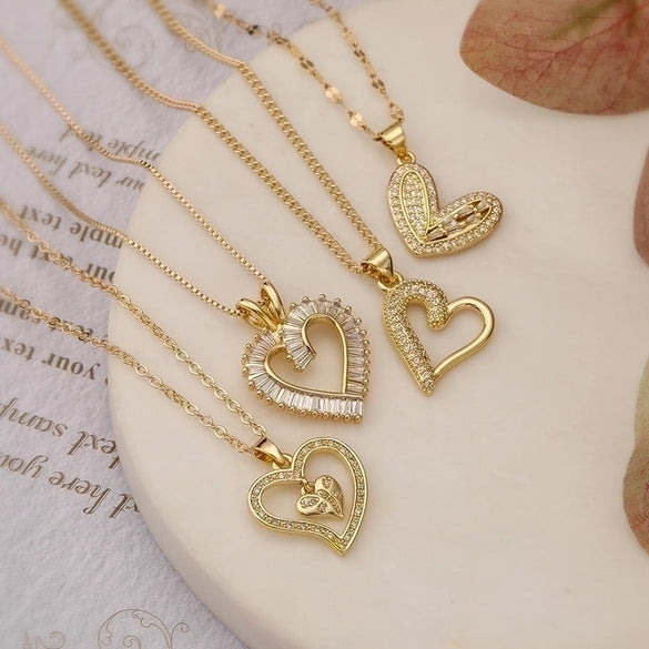 Simple Style Commute Heart Shape Copper 18k Gold Plated Zircon Pendant Necklace In Bulk