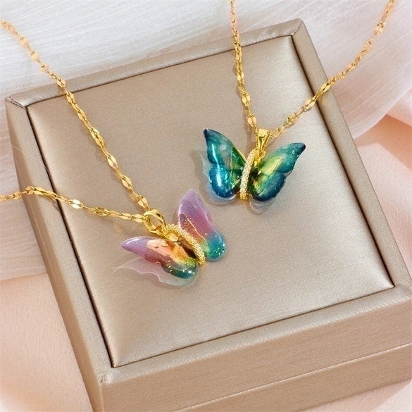 Sweet Butterfly Titanium Steel Artificial Gemstones Pendant Necklace In Bulk