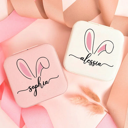 Personalized Cute Rabbit Ears Pattern Leather Jewelry Box with Name Water Proof Portable Birthday Easter Gift for Women Girls
