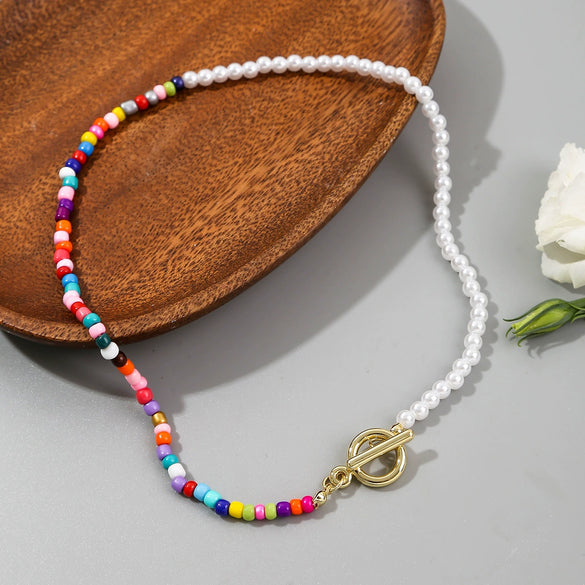 Accessories Collarbone Necklace Women's Bohemian Style Handmade Colorful Rice Beads And Coloured Glaze Geometric Necklace
