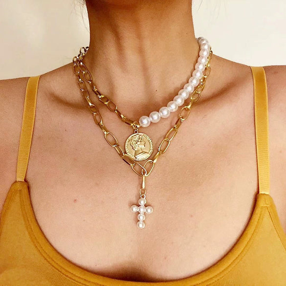 Accessories Pearl Choker Clavicle Chain Cross Copper Necklace Conch Sea Shell Shell Pearl Electroplating Box Chain Women