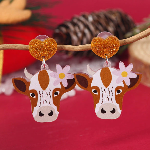 Acrylic Animal Cartoon Flower Cow Fashion Cute Unisex Minimalist Earrings For Christmas Decoration