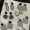 Acrylic Black And White Plaid Geometric Ear Clip Earrings With Heart And Smiley Face Design For Women Retro Sweet Style