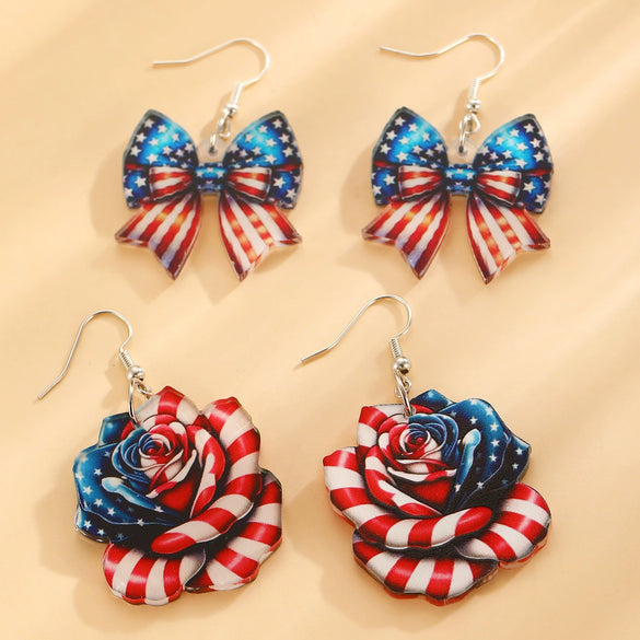 Acrylic Bow Earrings With Baking Paint American Flag Design For Women