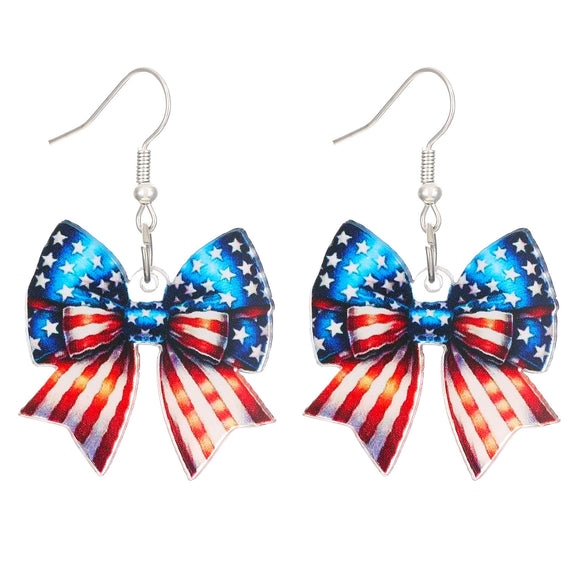 Acrylic Bow Earrings With Baking Paint American Flag Design For Women