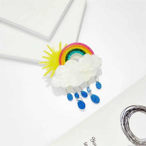 Acrylic Decorative Brooch With Clouds Rainbow Water Drops Sun Simulation Printing For Women