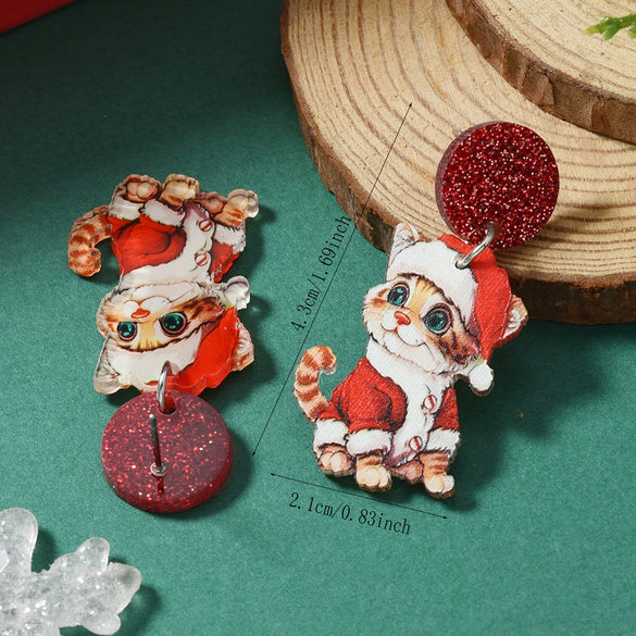 Acrylic Doublesided Earrings With Christmas Creative Santa Claus Snowman Kitten Snowflake And Flower Printing
